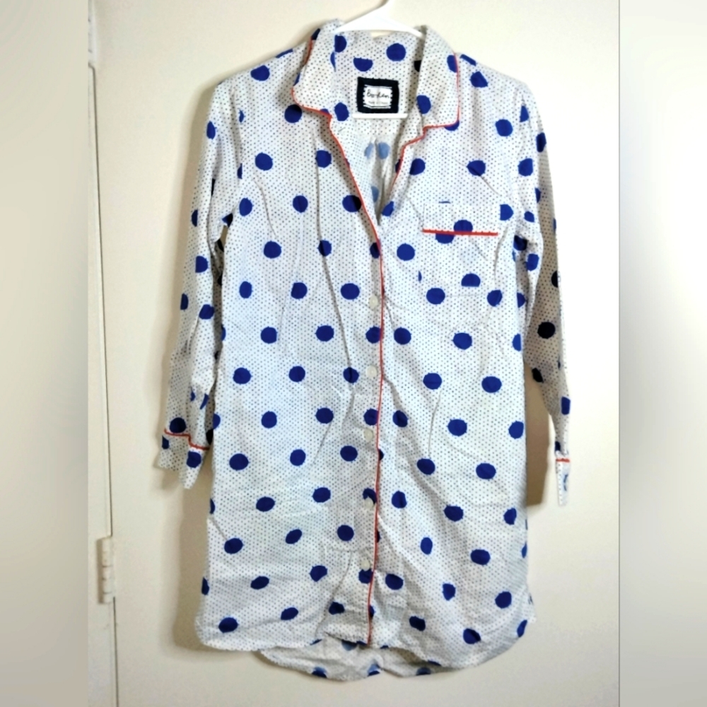 Boden (Size S) White & Navy Polka Dot Pattern Button Down Front LS Sleep Shirt